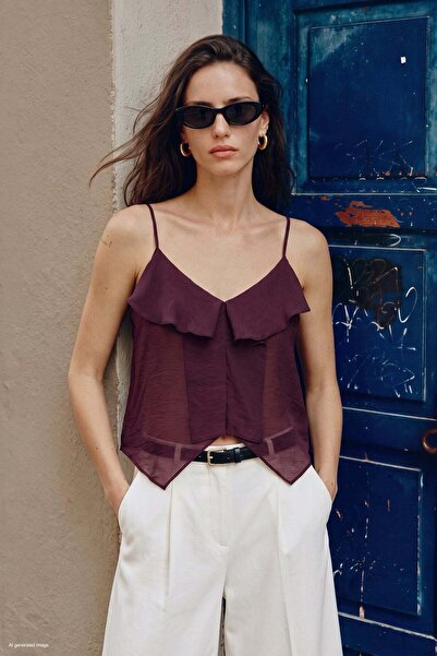 Sateen Ruffle Detailed Strappy Blouse - Burgundy
