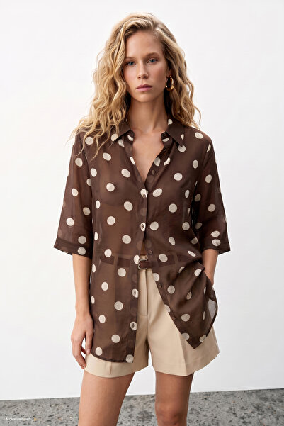 Sateen Polka Dot Patterned Shirt - Brown