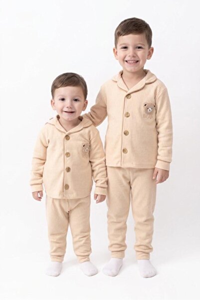 modaminikler Erkek Bebek&Çocuk Düğmeli Ayıcık Figürlü %100 Pamuk Pijama Takımı