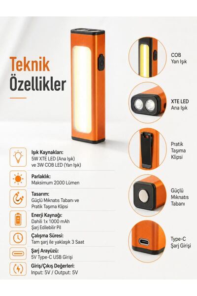 FLYONLOOK Mini Mıknatıslı USB Şarjlı Çok Fonksiyonlu El Feneri 2000 Lümen 5W ...