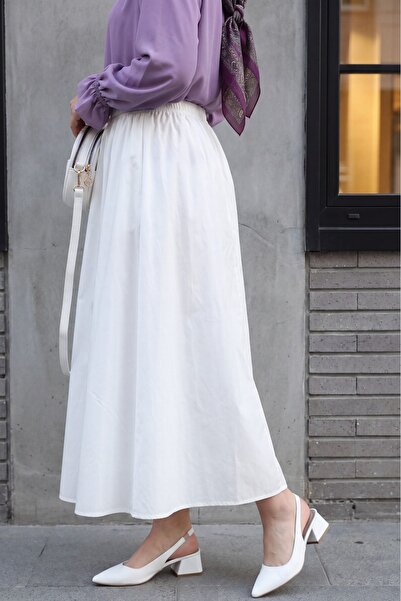 Modamorfo Elastic Waist Lined Parachute Skirt with Pockets -White