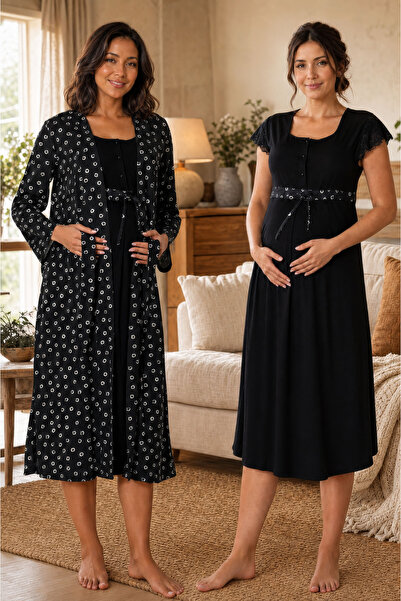ByLohusa Soft Textured Maternity Nightgown Set Effortt - Black