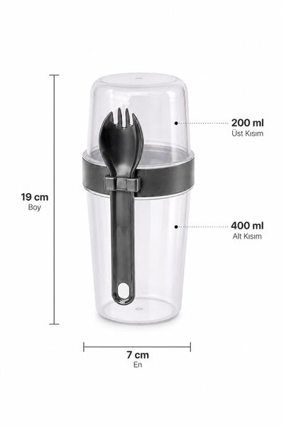 Porsima 5817 Yoğurt Müsli Kabı – Kendinden Kaşıklı Pratik Taşınabilir Kaşıklı Atıştırmalık Kabı-Antrasit 400ml+200ml