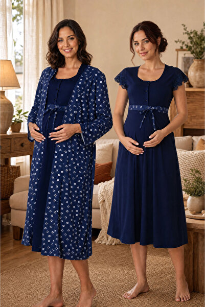 ByLohusa Soft Textured Maternity Nightgown Set Effortt - Navy Blue