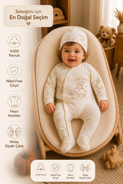esya baby Children's Jumpsuit Jungle Friends Baby Jumpsuit Set 100% Cotton Ne...