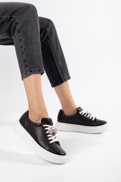 Cefi Shoes Valencia Women's Sneaker Black Genuine Leather Comfort Soft Sole