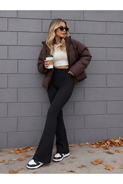 RuyaMood Schwarze Damen-Leggings aus Krepp mit ausgestelltem Bein und hoher T...