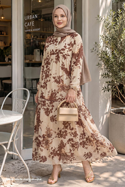 InStyle Leaf Pattern Front Tasseled Brown Chiffon Dress