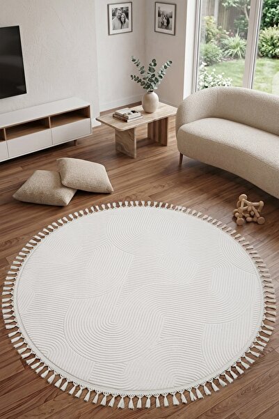 Valery Home Merinos Rölyef Joy Krem Daire Kaymaz Taban Kesme Halı Pon Pon