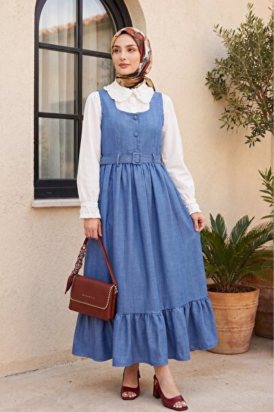 Modamorfo Buttoned Top, Ruffled Bottom, Belted Waist Gilet Dress -Indigo