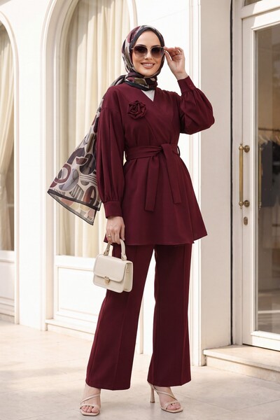 Modamorfo V-Neck Rose Brooch Belted Balloon Sleeve Pleated Elastic Waist Pant...