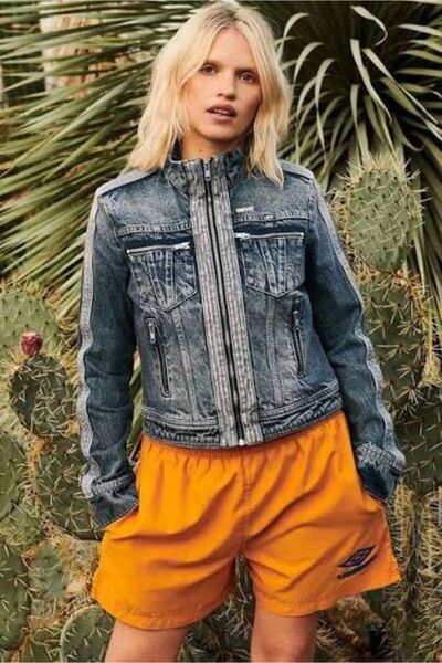 BeHill Be Hill Kadın Yıkanmış Mavi Şeritli Dik Yaka Fermuarlı Crop Denim Ceket