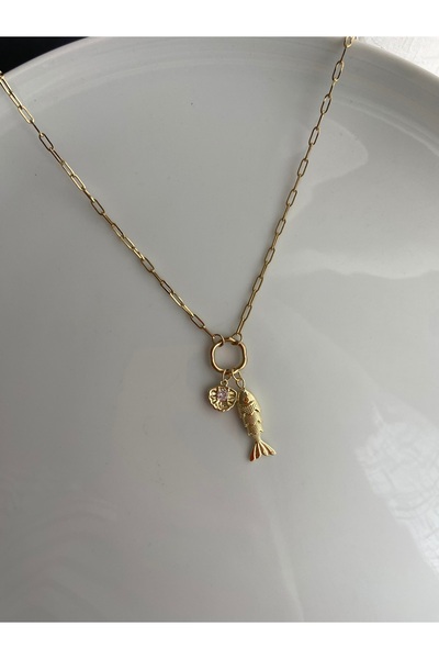 Anetta Jewelry Kadın altın renk balık deniz kabuğu charm ataç zincir model çe...