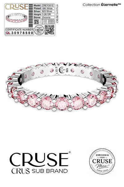Cruse 925 Ayar Gümüş Pembe Taşlı Tamtur Yüzük 18 Ayar Beyaz Altın Kaplama Işı...