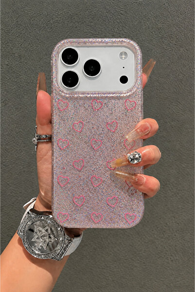 MustCase iPhone 17 Pro Max / 18 Pro Max Uyumlu Pembe Kalp Desenli Simli Telef...