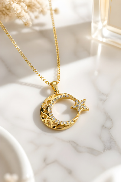 Reyna Steel Altın Çağı Yaşatan Çelik Takılar Moon Star Zircon Stone 45 cm Nec...