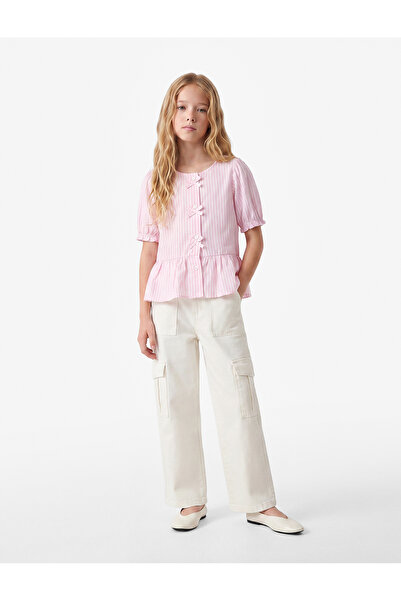 Koton Viscose Blended Crew Neck Bowknot Striped Blouse