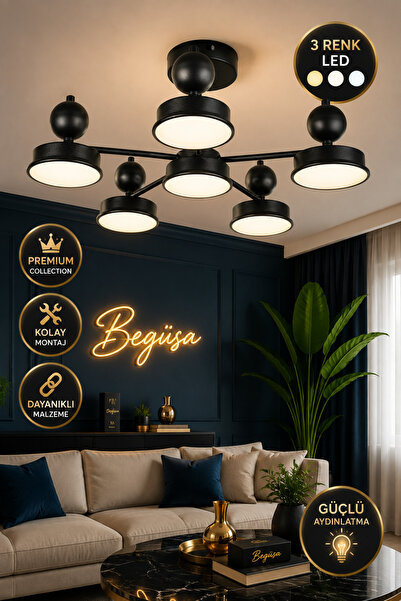 Begüsa Maren Ledli 6.Lı Avize Siyah – Modern Dekoratif Sarkıt Tavan Aydınlatm...