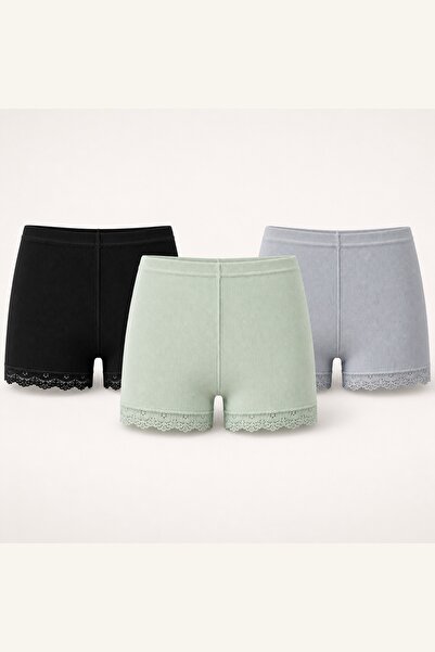 İncili Tekstil Women's 3-Piece Lace Long Ribbed Boxer Shorts - Cotton Stretch...
