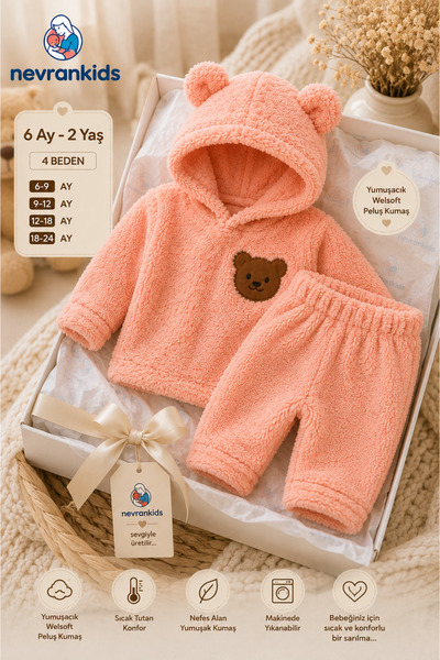 nevrankids Bebek Peluş Ayı Kulaklı Kapüşonlu 2'li Takım - Kışlık Polar