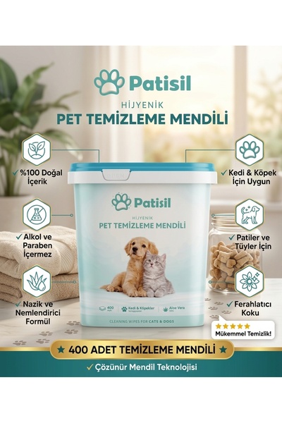 Patisil Pati ve Tüy Temizleme Mendili 400'lü Kovalı Set – Durulamasız Evcil H...