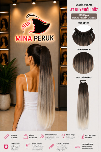 Mina Peruk Kumral / Beyaz Platin Ombre Düz At Kuyruğu – Tokalı Lastikli Sente...