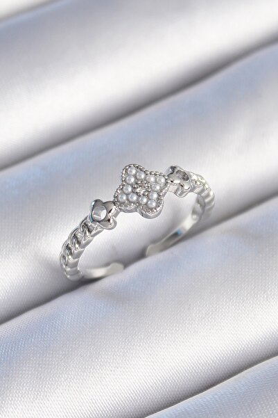 Inure Jewelry Brass Silver Color Pearl Clover Model Zircon Stone Detailed Wom...