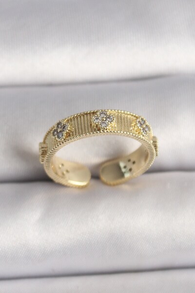 Inure Jewelry Brass Gold Color Zircon Stone Clover Embroidered Adjustable Ring