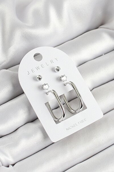 Inure Jewelry Silver Color 3-Piece Double Women's Earring Set with Brass Zirc...