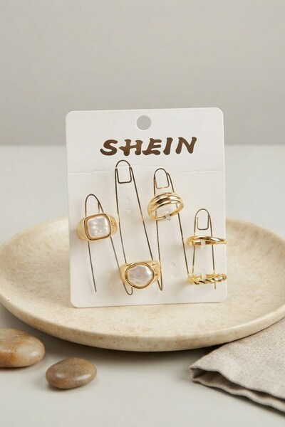 Inure Jewelry Gold Color Brass Stone Detailed Bohemian Ring Combination Byk4282