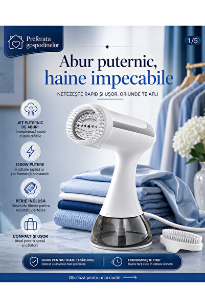 OEM Aparat de călcat cu aburi GS002-01, 1500W, 300 ml, încălzire rapidă 15 sec, 2 trepte, jet de abur 25 g/min, vertical/orizontal, anti-ardere uscată, portabil, alb