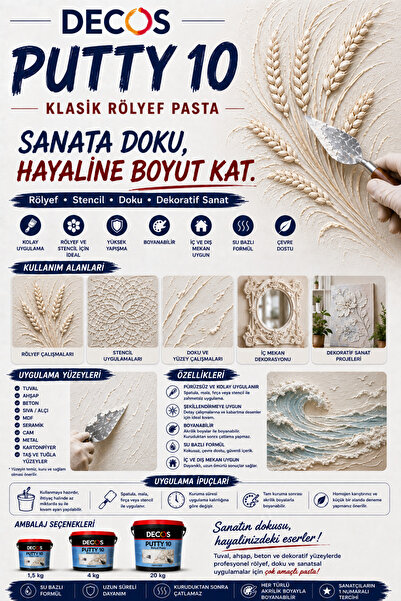DECOS Putty 10 - Klasik Rölyef Pasta 4 KG – Modelleme ve Doku Macunu – Stencil, Kabartma ve Dekoratif Sanat Pastası