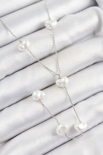 Inure Jewelry Y Model Silver Color Women's Necklace with Brass Pearl Heart Fi...