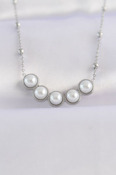 Inure Jewelry 316L Steel Chain Silver Color Row Pearl Stone Necklace