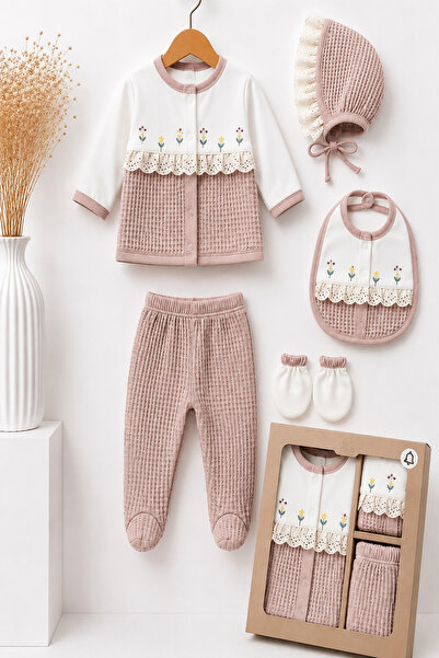 LİLİYUM Baby Girl Hospital Discharge Set of 5 Newborn Hospital Set Embroidere...