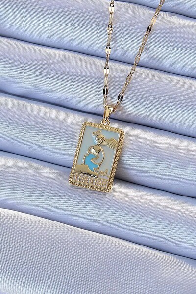 Inure Jewelry 316L Steel Chain Gold Color Blue Enamel Tarot Necklace