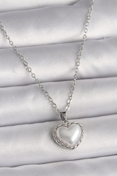Inure Jewelry 316L Steel Silver Color Chain 3D Pearl Heart Model Women's Neck...
