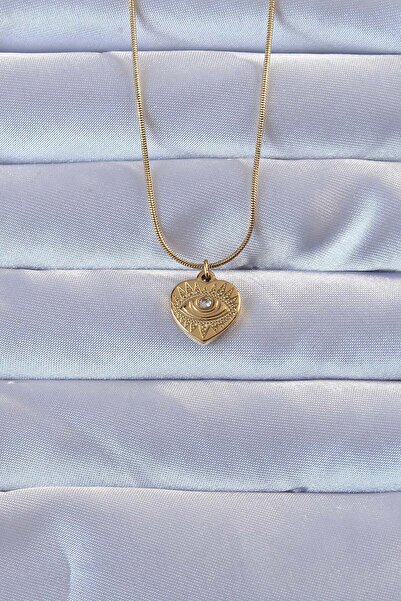 Inure Jewelry 316L Gold Color Zircon Stone Embroidered Eye Detail Heart Necklace