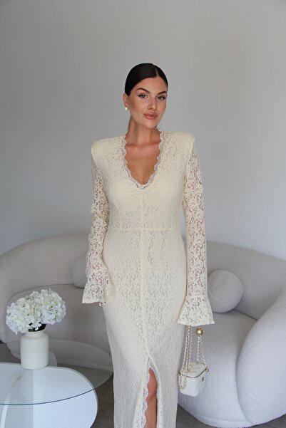 Julidress V-Neck Slit Detailed Maxi Length Cream Lace Dress