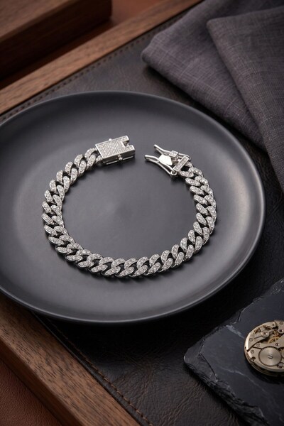 Inure Jewelry Silver Color Zircon Stone Cuban Chain Model Clip Closure Men's ...