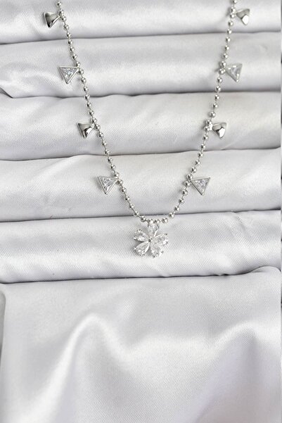 Inure Jewelry Brass Silver Color Zircon Stone Flower Model Women's Necklace