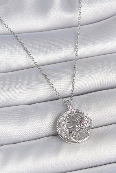 Inure Jewelry 316L Steel Silver Color Chain Moon Sun Model Zircon Stone Detai...