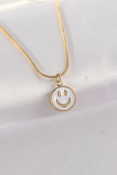 Inure Jewelry 316L Steel Chain Gold Color Marble Patterned Minimal Smile Neck...
