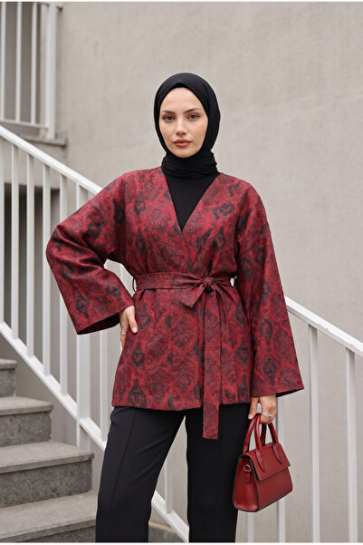 bellura Baskılı Beli Kemerli Kapitone Kimono