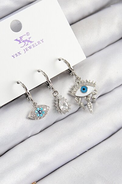 Inure Jewelry Brass Zircon Stone 3-Piece Fatma's Eye Model Silver Color Women...