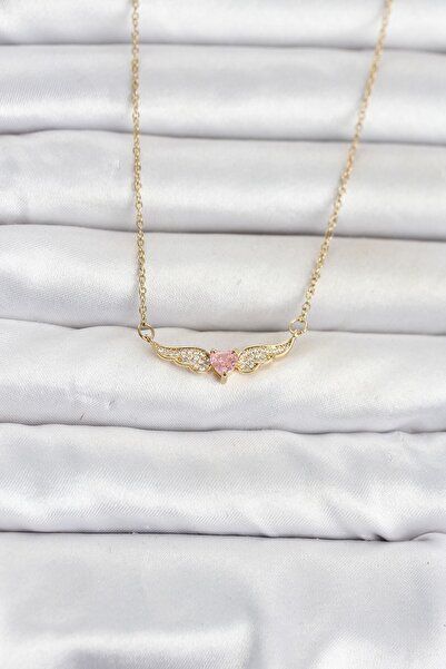 Inure Jewelry 316L Steel Chain Gold Color Winged Pink Heart Model Women's Nec...