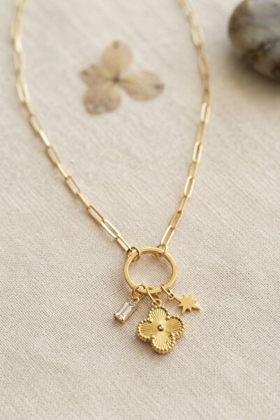 Inure Jewelry Gold Color Paperclip Chain Clover Model Women's Necklace