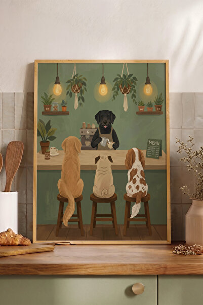 Pena Tablo Eğlenceli Barista Köpek Tablosu Ahşap Çerçeveli - Eğlenceli Kafe v...
