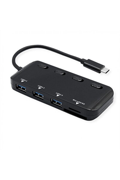 Roline HUB USB 3.2 type C la 3 x USB-A + cititor de carduri cu switch ON/OFF,...