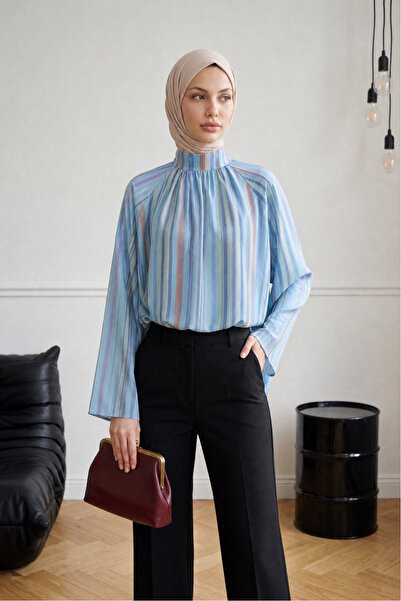 bellura Hakim Yaka Çizgili Astarlı Oversize Vual Tunik
